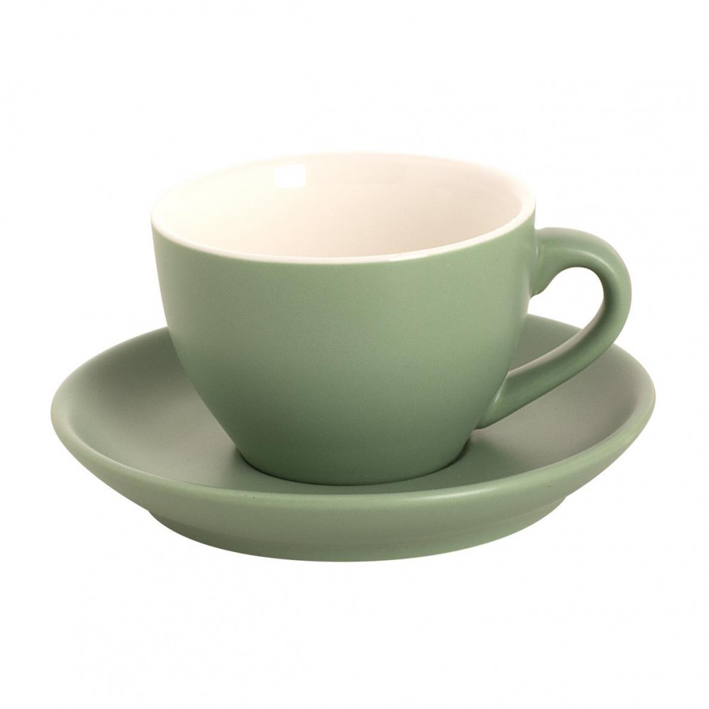 Mattgrüne Robusta Cappuccino Tasse und Untertasse bedrucken lassen Mattgrüne Robusta Cappuccino Tasse und Untertasse bedrucken lassen